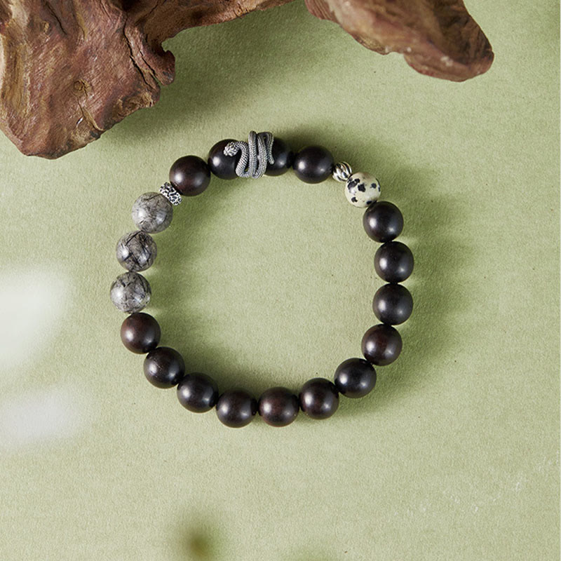 Buddha Stones Ebony Wood Black Rutilated Quartz 925 Sterling Silver Year Of The Snake Balance Bracelet