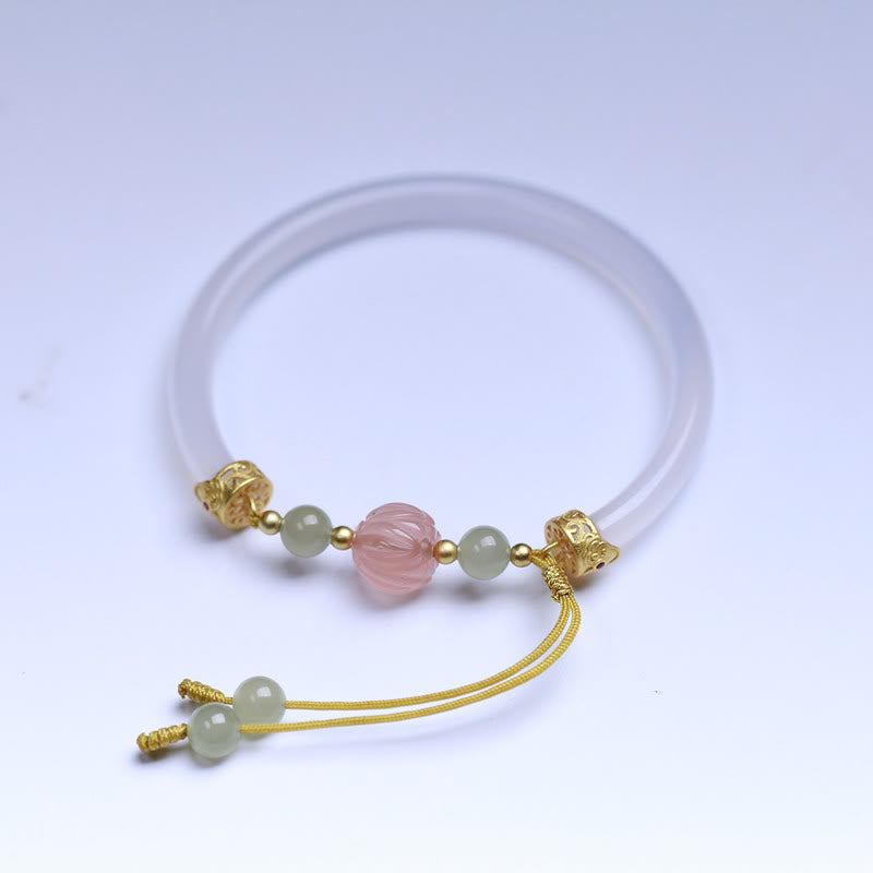 Buddha Stones Natural White Agate Lotus Hetian Jade Beads Positive Bracelet Bangle - image 4