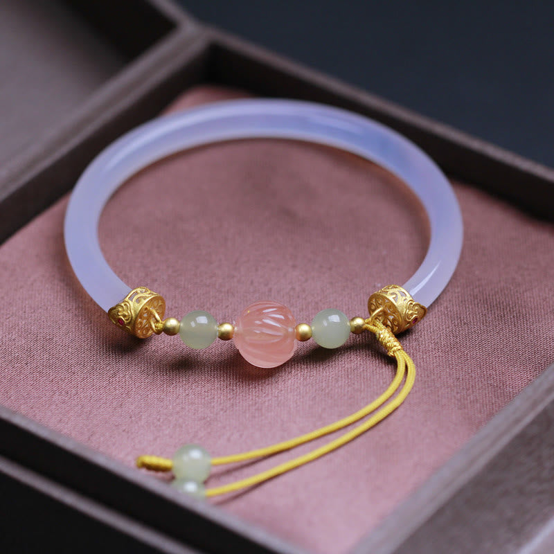Buddha Stones Natural White Agate Lotus Hetian Jade Beads Positive Bracelet Bangle - White Agate(Wrist Circumference: 14-17cm) - image 1