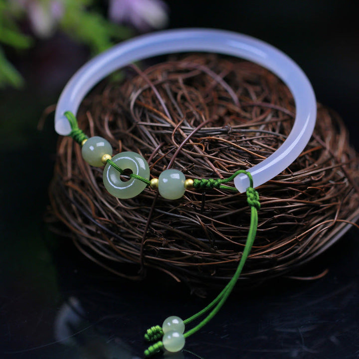 Buddha Stones Natural White Agate Hetian Jade Beads Peace Buckle Positive Bracelet Bangle