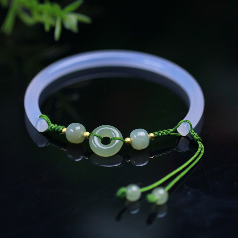 Buddha Stones Natural White Agate Hetian Jade Beads Peace Buckle Positive Bracelet Bangle - White Agate(Wrist Circumference: 14-17cm) - image 1