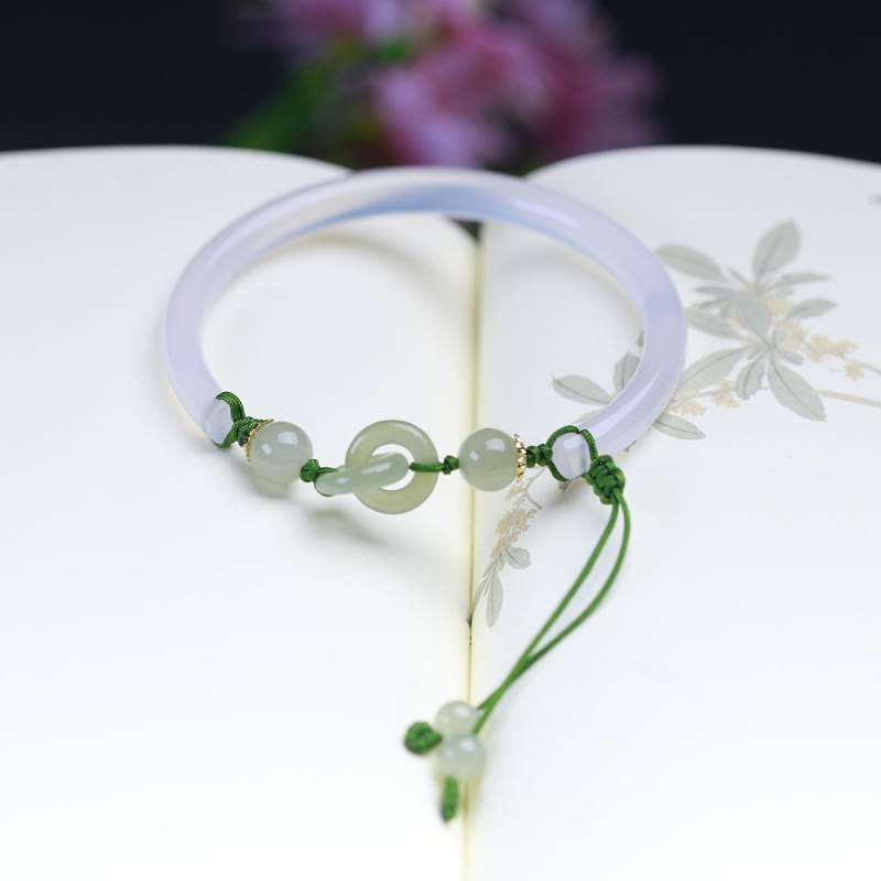 Buddha Stones Natural White Agate Hetian Jade Beads Interlocking Positive Bracelet Bangle - image 5