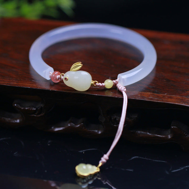 Buddha Stones Natural White Agate Hetian Jade Rabbit Positive Bracelet Bangle