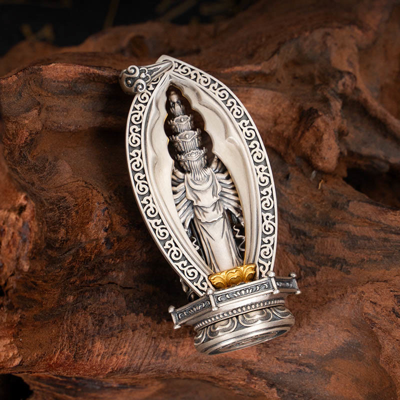 Buddha Stones 925 Sterling Silver Thousand-armed Guanyin Kwan Yin Avalokiteśvara Wealth Necklace Pendant