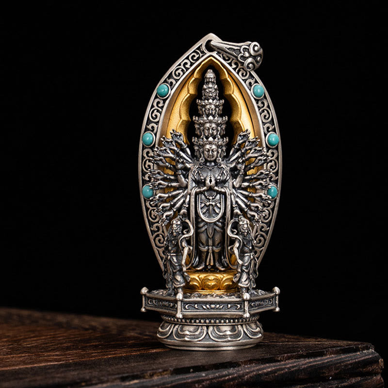 Buddha Stones 925 Sterling Silver Thousand-armed Guanyin Kwan Yin Avalokiteśvara Wealth Necklace Pendant - image 2