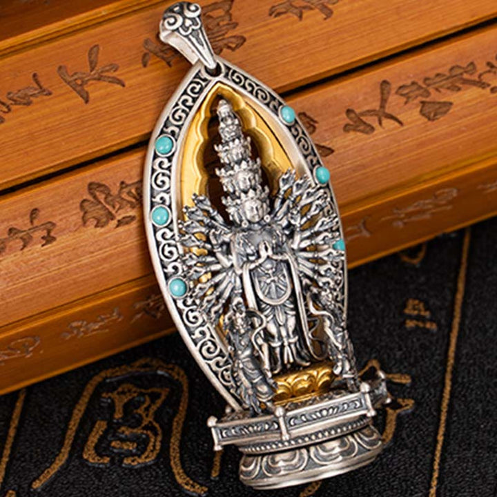 Buddha Stones 925 Sterling Silver Thousand-armed Guanyin Kwan Yin Avalokiteśvara Wealth Necklace Pendant - image 3