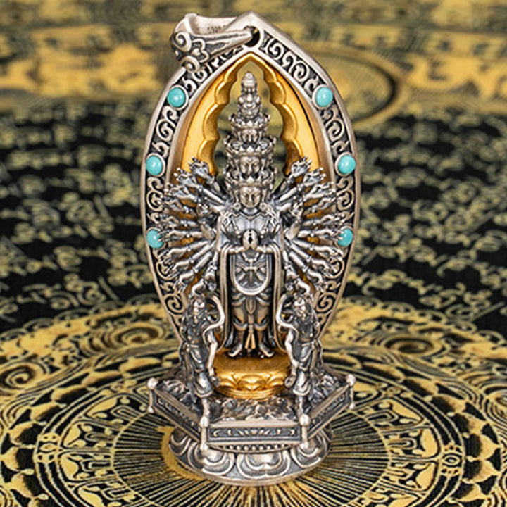 Buddha Stones 925 Sterling Silver Thousand-armed Guanyin Kwan Yin Avalokiteśvara Wealth Necklace Pendant - image 9