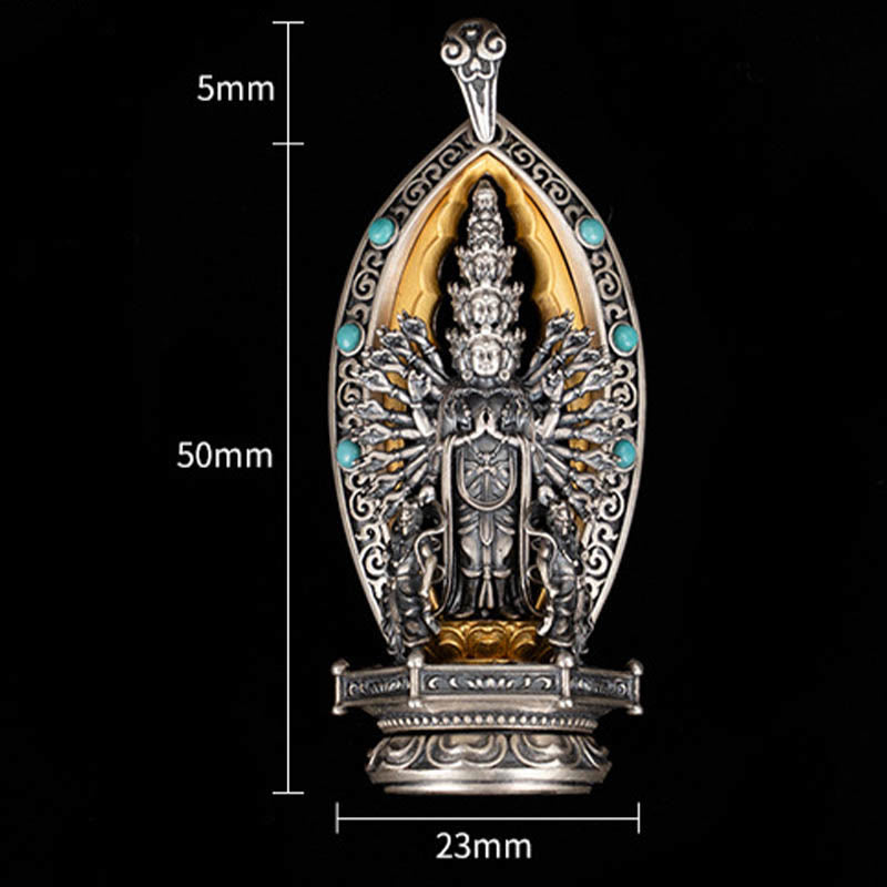 Buddha Stones 925 Sterling Silver Thousand-armed Guanyin Kwan Yin Avalokiteśvara Wealth Necklace Pendant