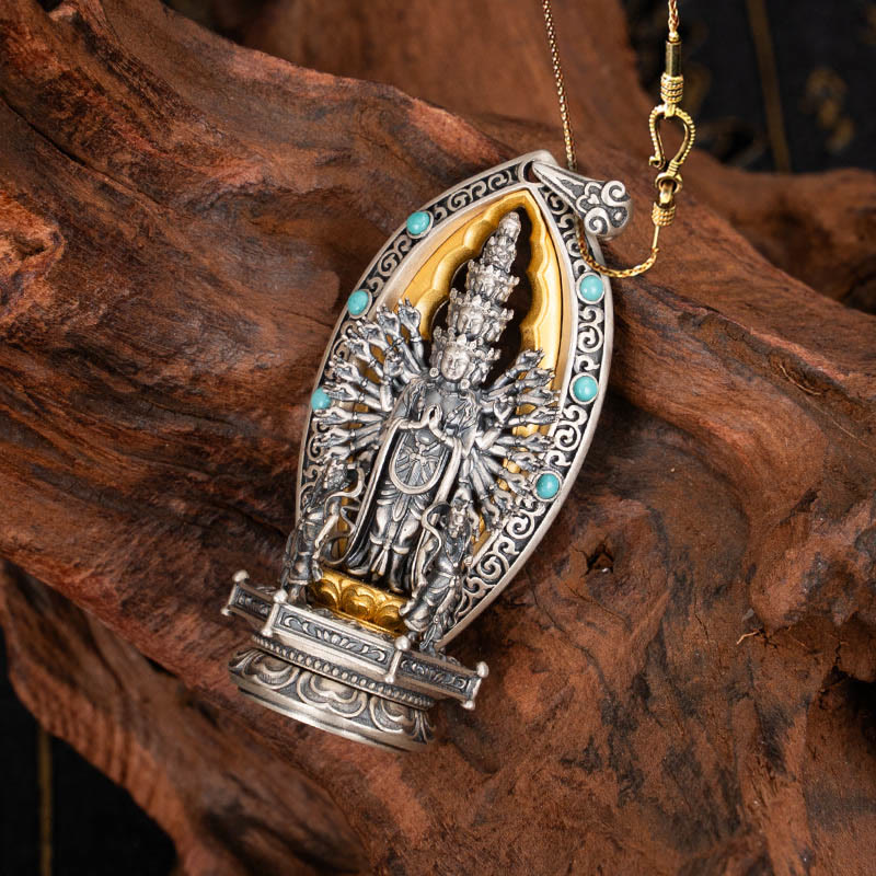 Buddha Stones 925 Sterling Silver Thousand-armed Guanyin Kwan Yin Avalokiteśvara Wealth Necklace Pendant - Avalokiteśvara&58cm Golden Copper Chain - image 14