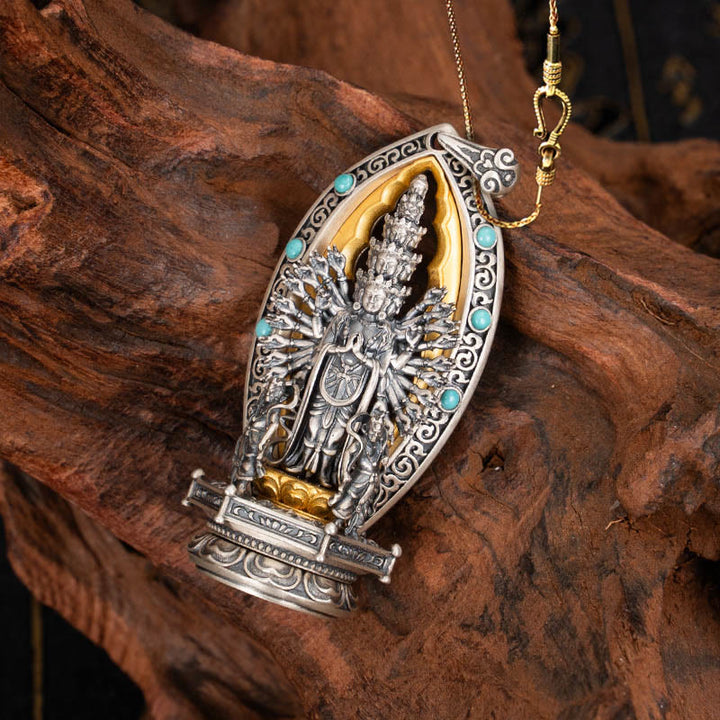 Buddha Stones 925 Sterling Silver Thousand-armed Guanyin Kwan Yin Avalokiteśvara Wealth Necklace Pendant - Avalokiteśvara&58cm Golden Copper Chain - image 14