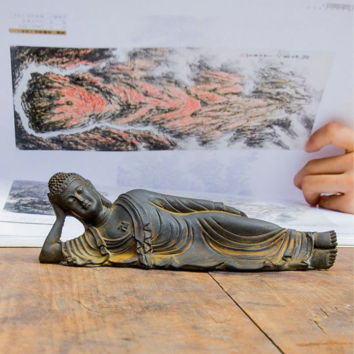 Buddha Stones Reclining Buddha Shakyamuni Iron Powder Rust Cast Resin Statue Home Decoration