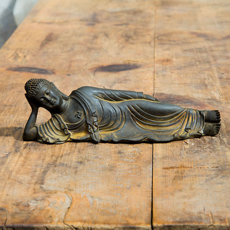 Buddha Stones Reclining Buddha Shakyamuni Iron Powder Rust Cast Resin Statue Home Decoration - Rust Version 17.5*5.5cm - image 0