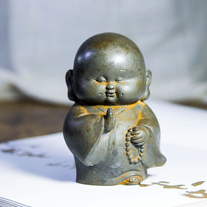 Buddha Stones Handmade Little Monk Iron Powder Rust Cast Resin Statue Home Decoration