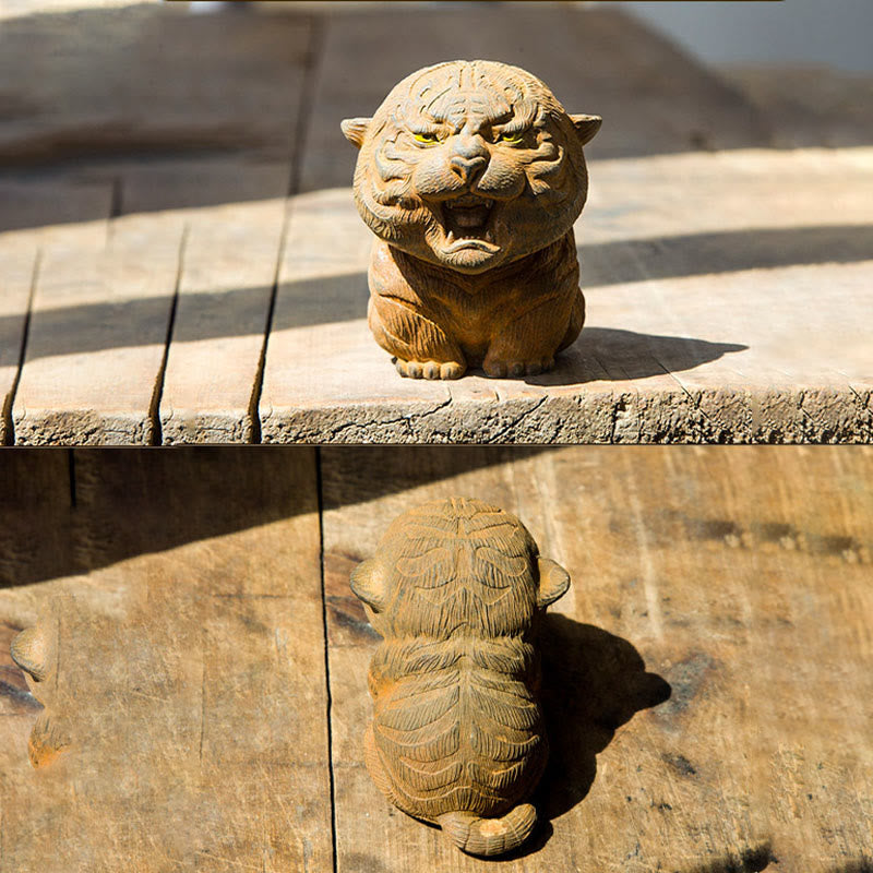 Buddha Stones Handmade Mini Roaring Tiger Iron Powder Rust Cast Resin Statue Home Decoration