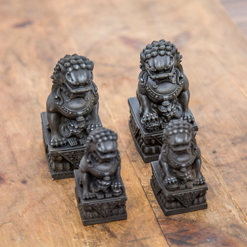 Buddha Stones Handmade Lion Fu Foo Dogs Iron Powder Rust Cast Resin Statue Ward Off Evil Protection Home Decoration