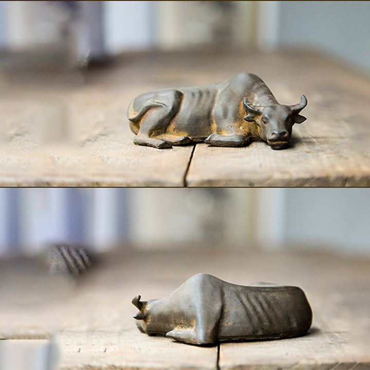 Buddha Stones Handmade Small Water Buffalo Bull Iron Powder Rust Cast Resin Statue Home Decoration - image 11