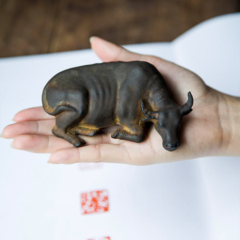 Buddha Stones Handmade Small Water Buffalo Bull Iron Powder Rust Cast Resin Statue Home Decoration - image 4