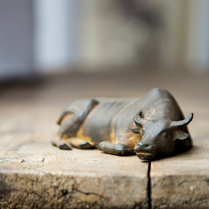 Buddha Stones Handmade Small Water Buffalo Bull Iron Powder Rust Cast Resin Statue Home Decoration - image 2