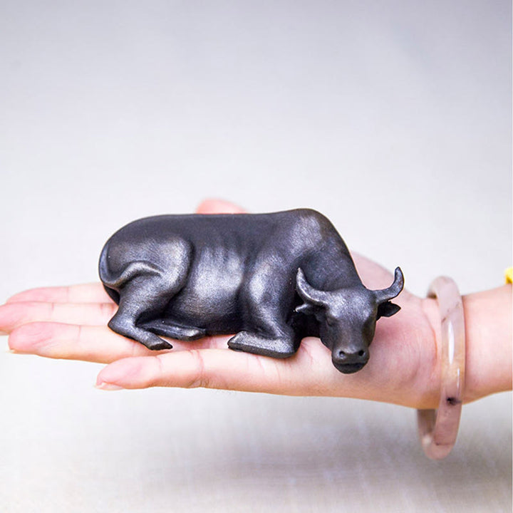 Buddha Stones Handmade Small Water Buffalo Bull Iron Powder Rust Cast Resin Statue Home Decoration