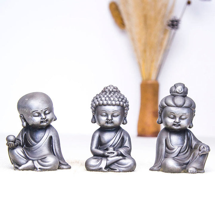 Buddha Stones Handmade Ksitigarbha Kwan Yin Guanyin Avalokitesvara Tathagata Iron Powder Rust Cast Resin Statue Home Decoration - Polished Version - 3Pcs Buddha Set - image 33