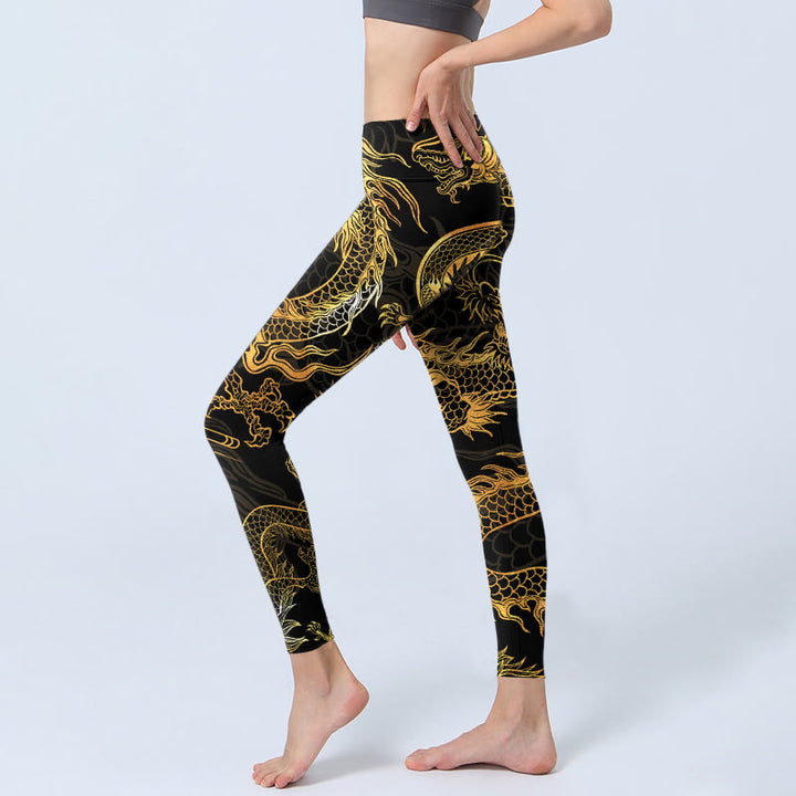 Buddha Stones Golden Dragon Print Gym Leggings Women's Yoga Pants