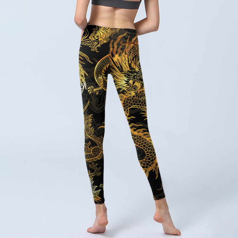 Buddha Stones Golden Dragon Print Gym Leggings Women's Yoga Pants