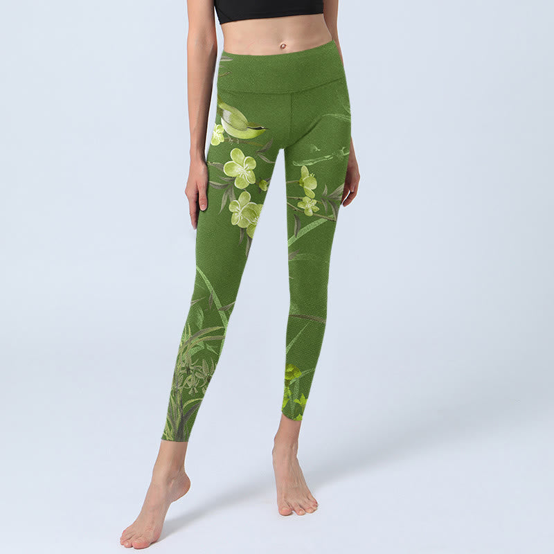 Buddha Stones Magpie Flowers Branches Print Gym Leggings Women's Yoga Pants