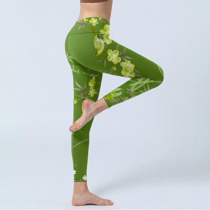 Buddha Stones Magpie Flowers Branches Print Gym Leggings Women's Yoga Pants