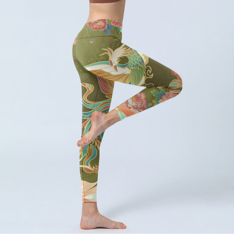 Buddha Stones Vibrant Phoenix Flowers Print Gym Leggings Women's Yoga Pants