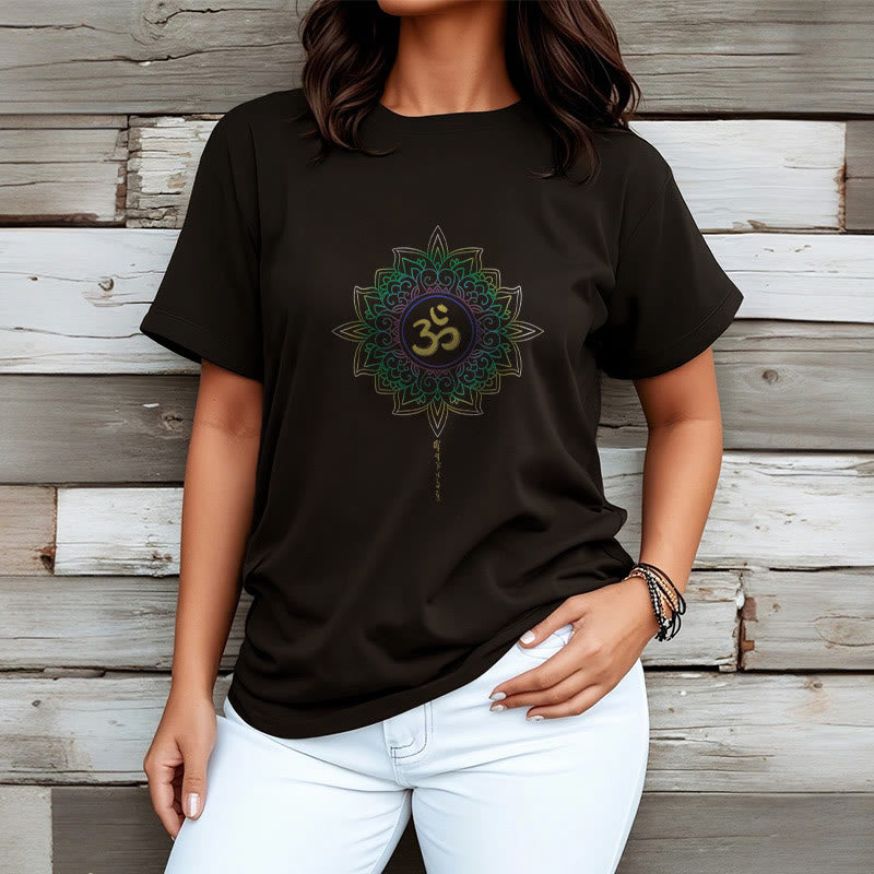 Buddha Stones OM Yellow Green Gradient Lotus Cotton Tee T-shirt