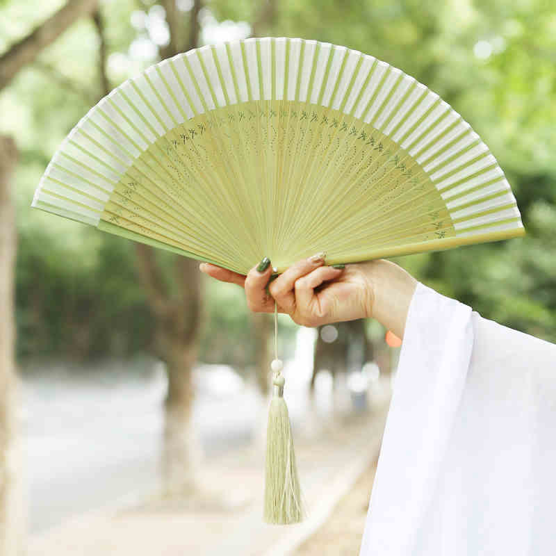 Buddha Stones Solid Color Dragonfly Tassel Handheld Mulberry Silk Bamboo Folding Fan