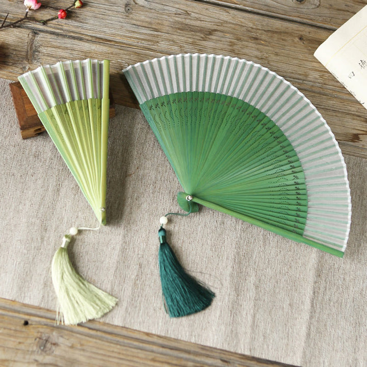 Buddha Stones Solid Color Dragonfly Tassel Handheld Mulberry Silk Bamboo Folding Fan