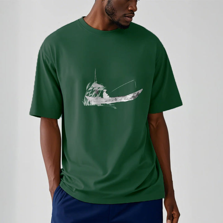Buddha Stones Boat Fishing Grass Pattern Cotton Tee T-shirt - image 3