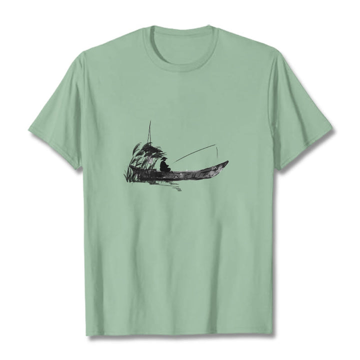 Buddha Stones Boat Fishing Grass Pattern Cotton Tee T-shirt