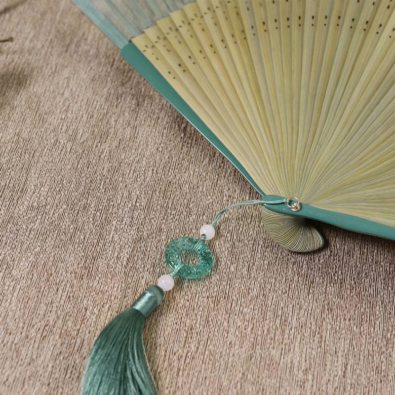 Buddha Stones Retro Mountain River Crane Silk Handheld Bamboo Folding Fan