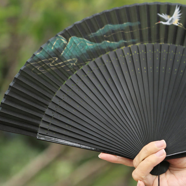 Buddha Stones Retro Mountain River Crane Silk Handheld Bamboo Folding Fan