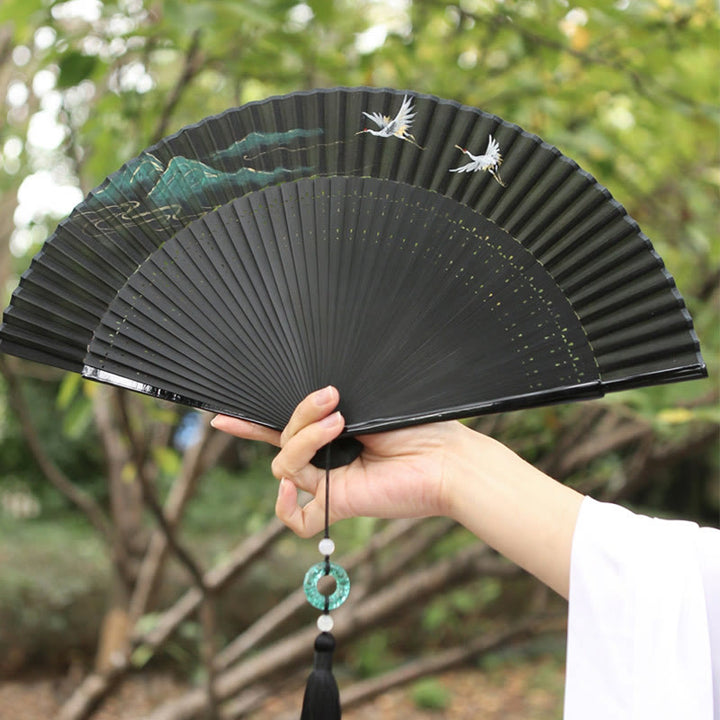 Buddha Stones Retro Mountain River Crane Silk Handheld Bamboo Folding Fan