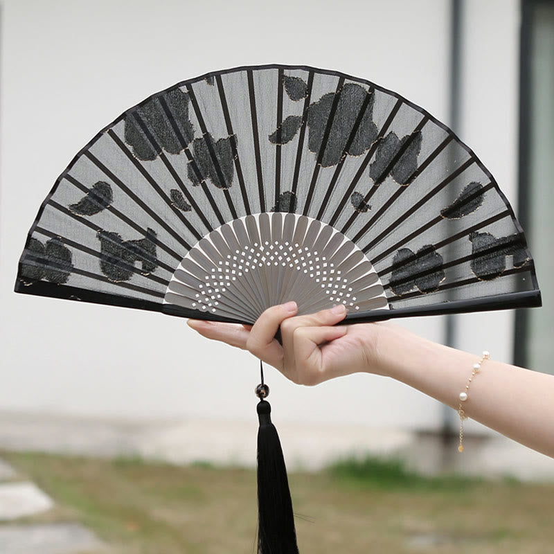 Buddha Stones Retro Leaves Flower Silk Handheld Bamboo Folding Fan