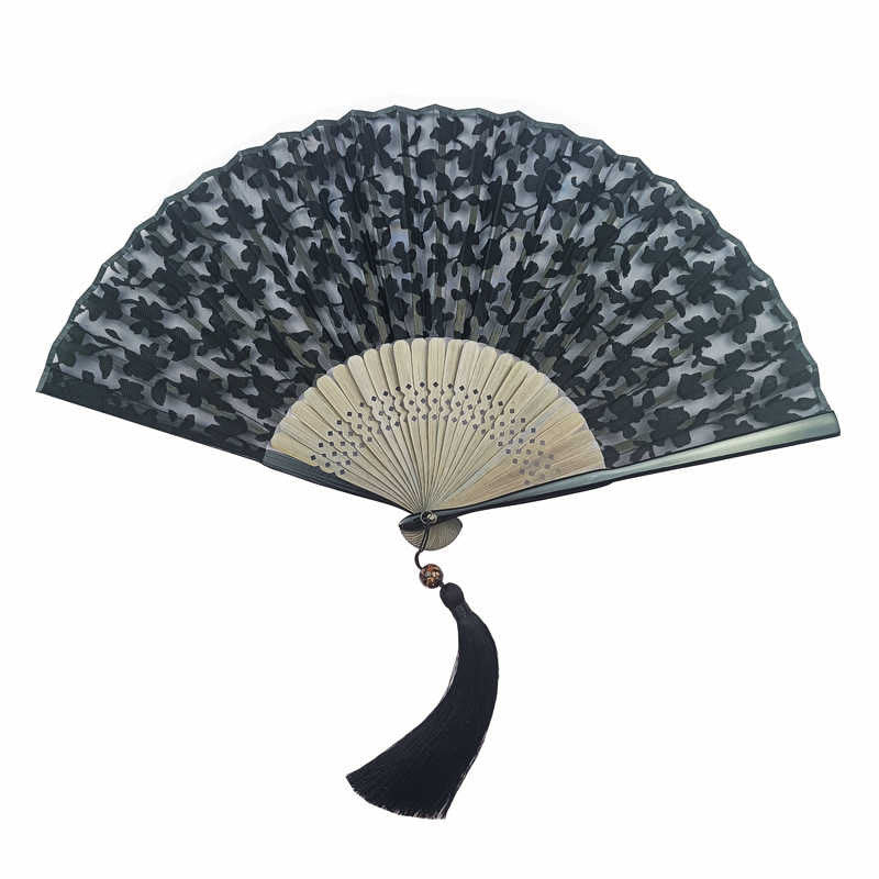 Buddha Stones Retro Leaves Flower Silk Handheld Bamboo Folding Fan