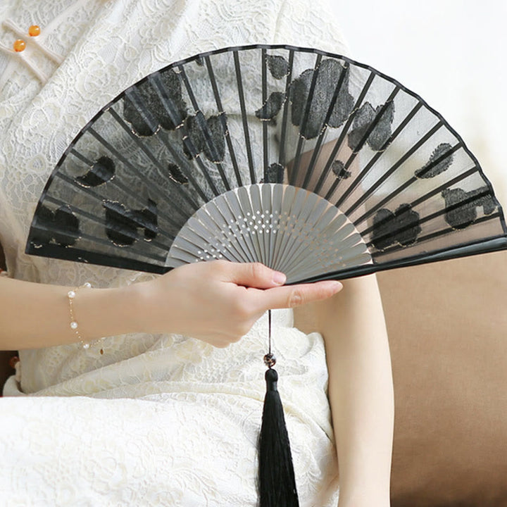 Buddha Stones Retro Leaves Flower Silk Handheld Bamboo Folding Fan