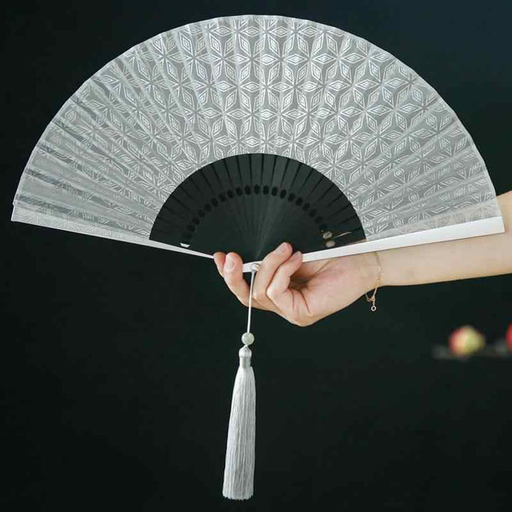 Buddha Stones Geometric Patterns Aluminum Alloy Side Tassels Silk Handheld Bamboo Folding Fan