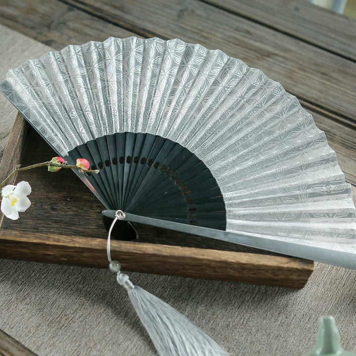 Buddha Stones Geometric Patterns Aluminum Alloy Side Tassels Silk Handheld Bamboo Folding Fan