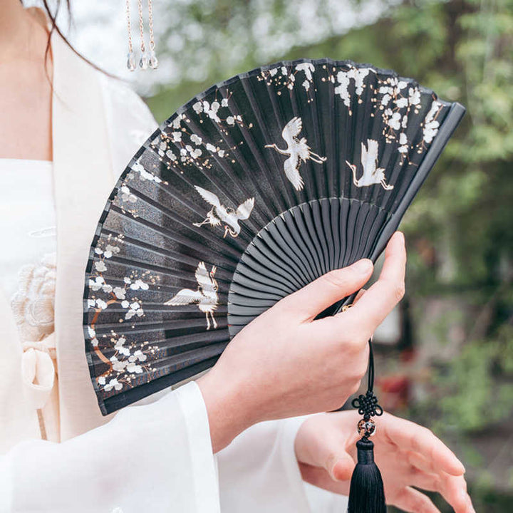 Buddha Stones Plum Blossom Crane Silk Handheld Bamboo Folding Fan