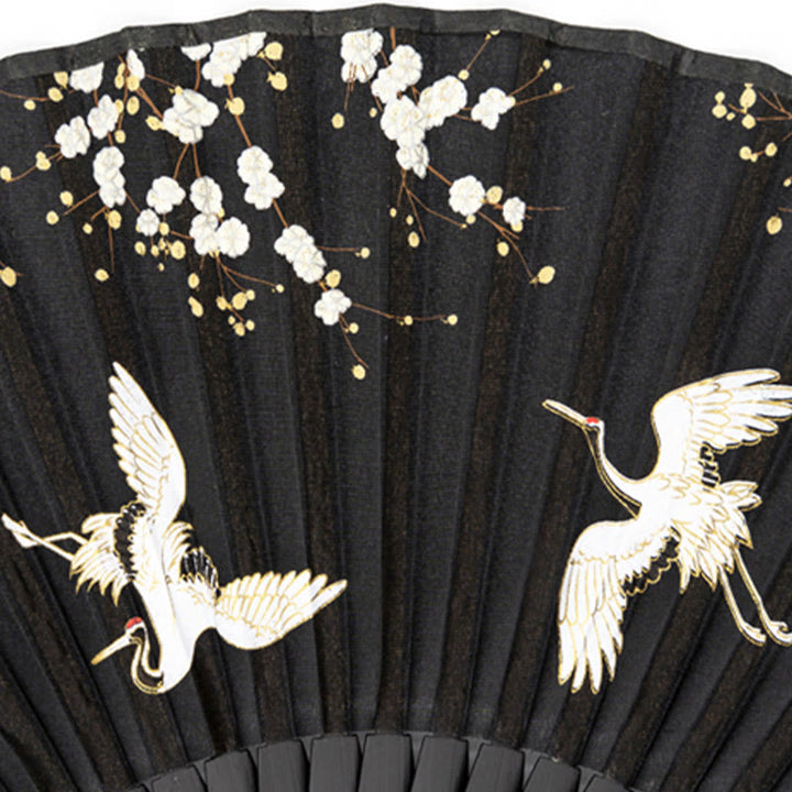 Buddha Stones Plum Blossom Crane Silk Handheld Bamboo Folding Fan