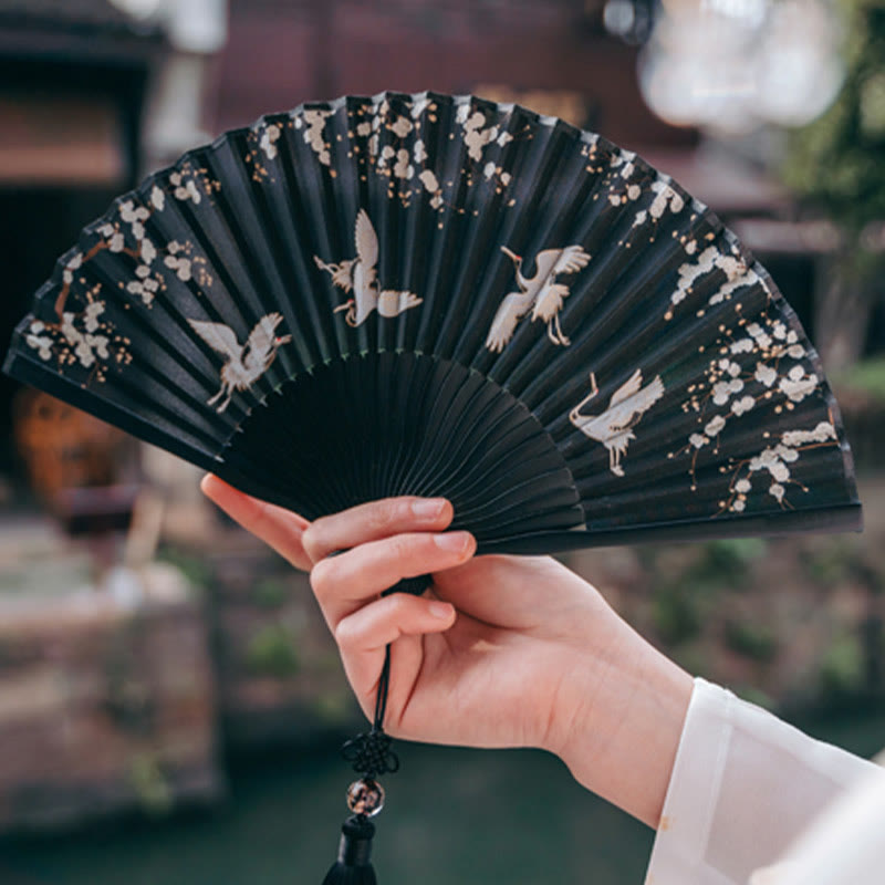 Buddha Stones Plum Blossom Crane Silk Handheld Bamboo Folding Fan