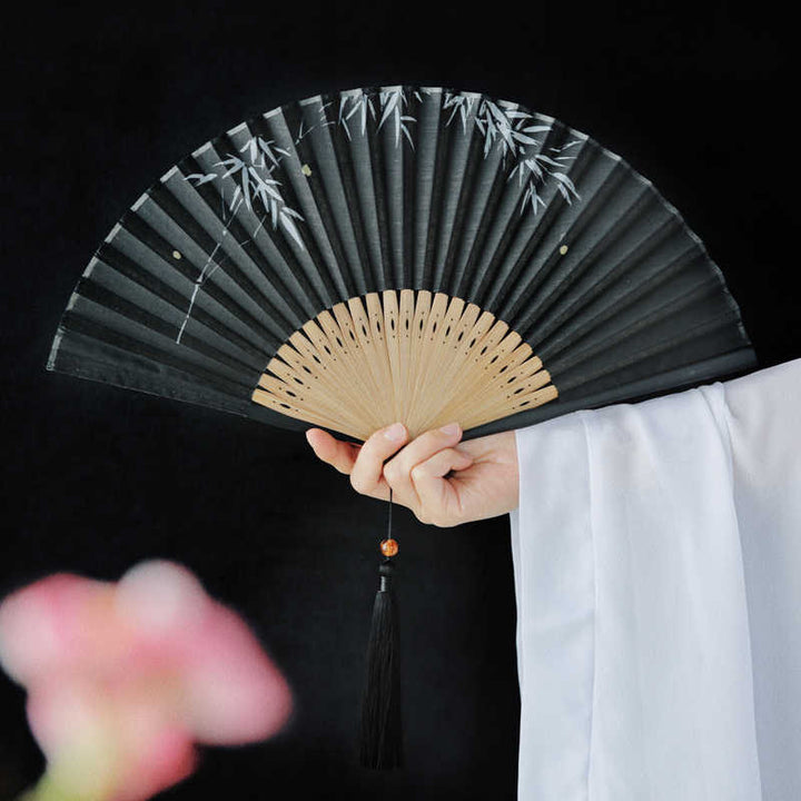 Buddha Stones Firefly Bamboo Leaves Pattern Tassels Handheld Bamboo Folding Fan