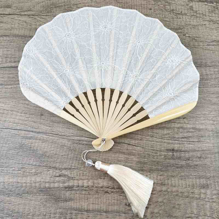 Buddha Stones Retro Large Flower Embroidery Shell Shape Tassels Handheld Bamboo Folding Fan