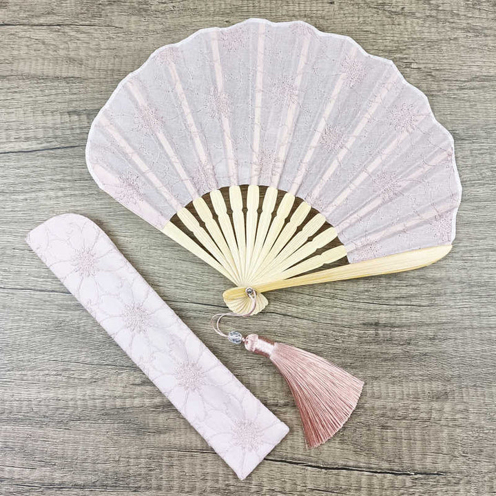 Buddha Stones Retro Large Flower Embroidery Shell Shape Tassels Handheld Bamboo Folding Fan