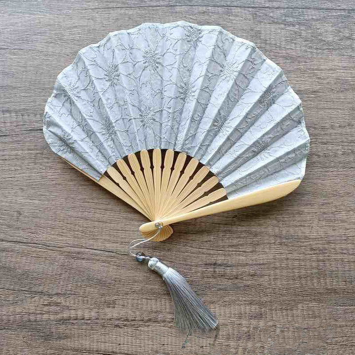 Buddha Stones Retro Large Flower Embroidery Shell Shape Tassels Handheld Bamboo Folding Fan