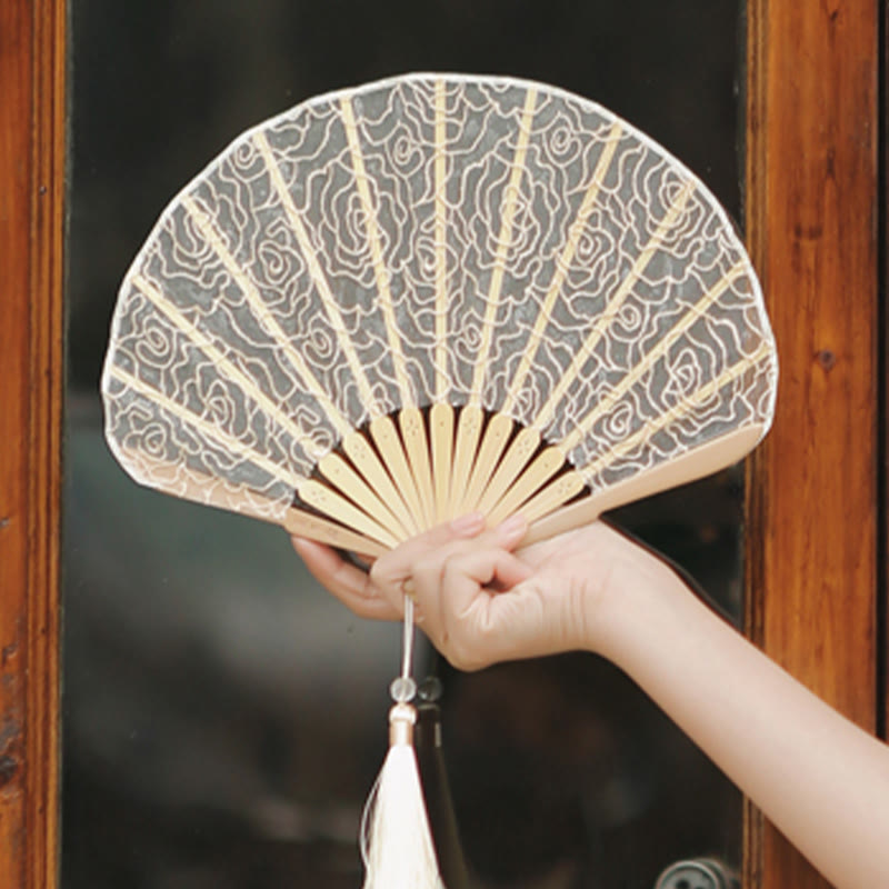 Buddha Stones Rose Embroidery Lace Shell Shape Tassels Handheld Bamboo Folding Fan